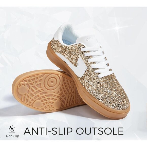 Lucky Step Women Gold White Sparkly Bling Shiny Dressy Bedazzled Bridal Sneakers - Picture 3 of 9
